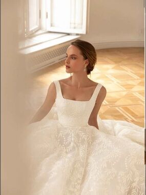 Square-Neck White Embroidered Bridal Ball Gown